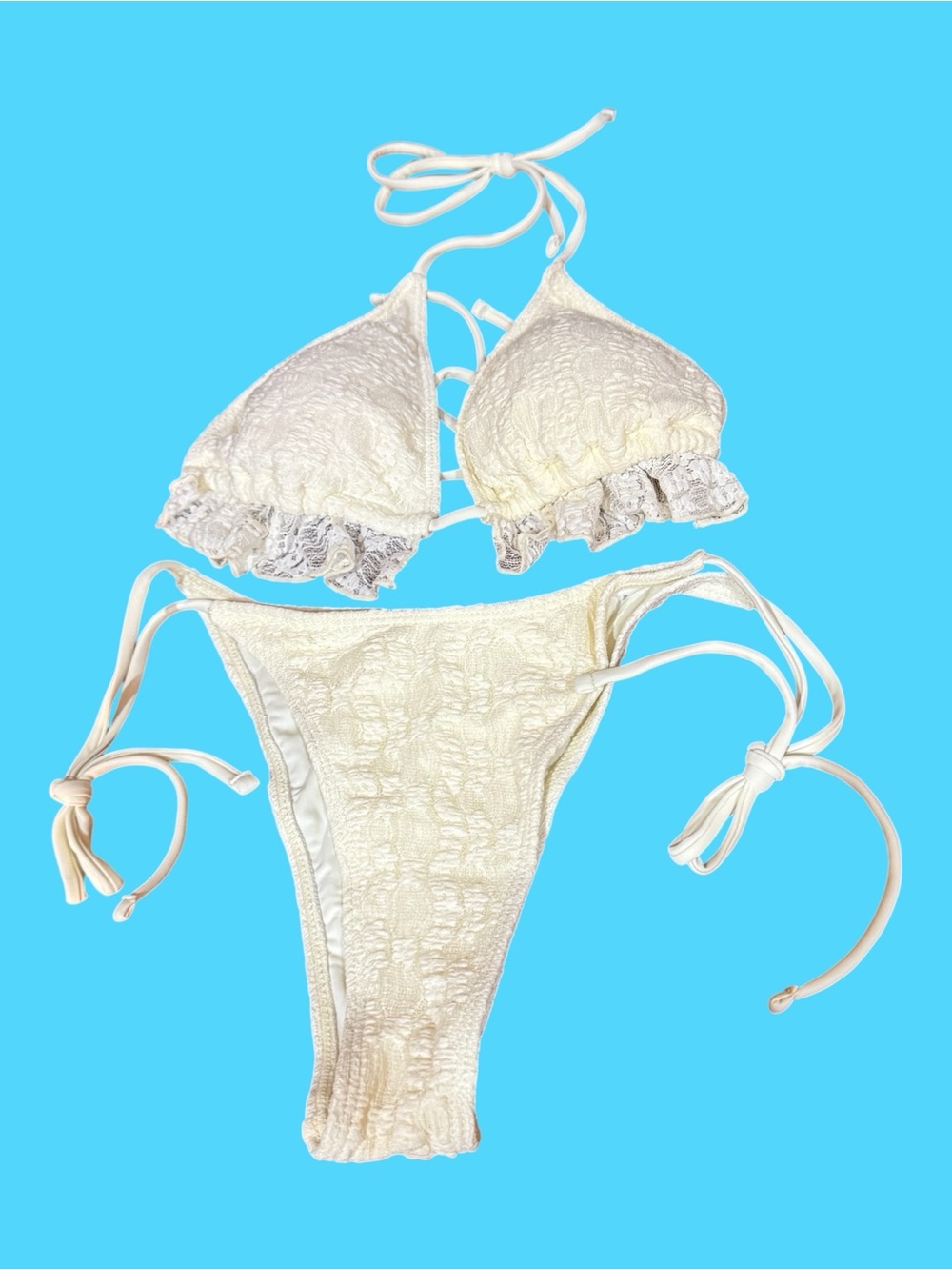 Textured Lace Ruffle Halter Bikini Set Cream Side Tie NWOT Large